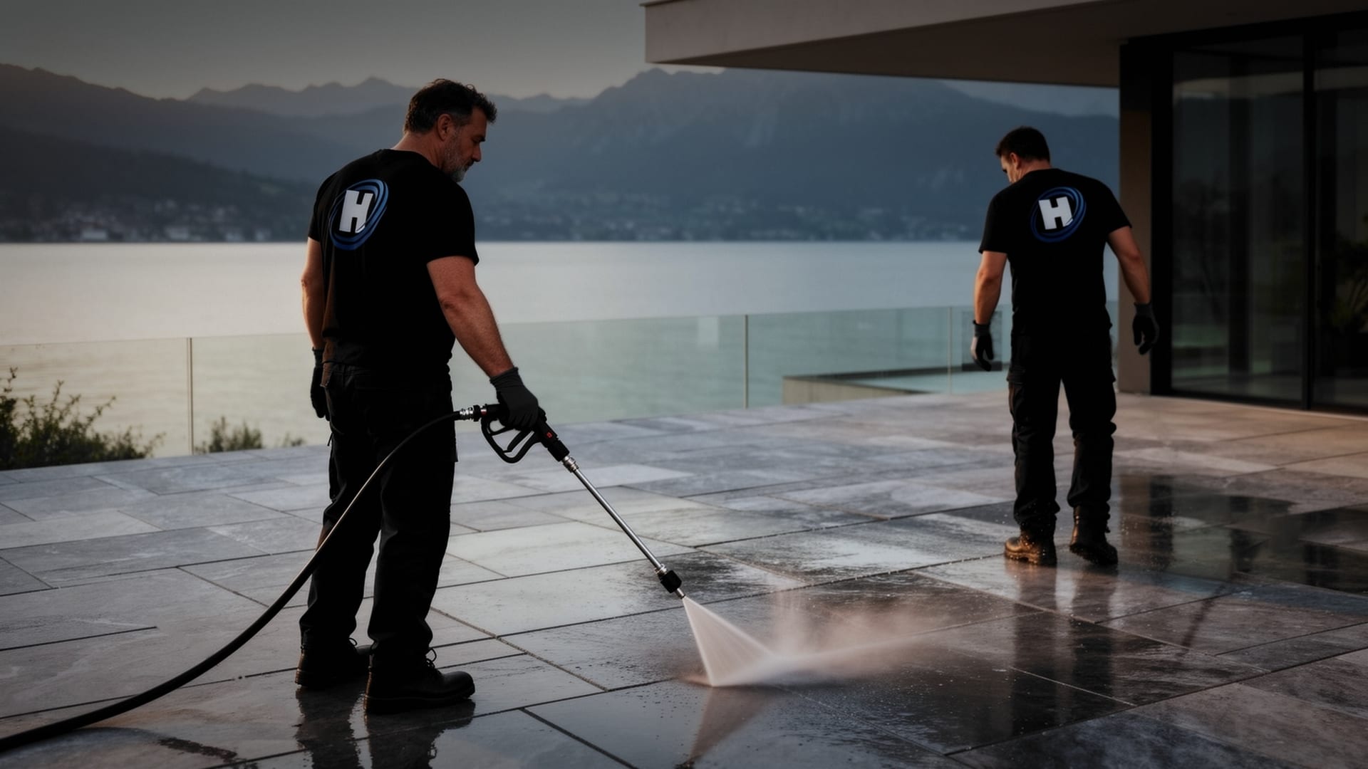 Deux collaborateurs Hauralys en t-shirt noir au logo nettoient au nettoyeur haute pression la terrasse en pierre d'une villa dominant le Léman, au crépuscule